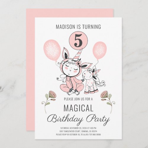 Cute Pink Watercolor Unicorn Girls 5th Birthday   Invitation