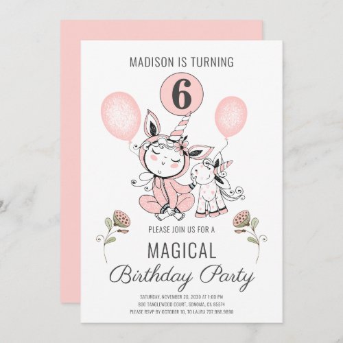 Cute Pink Watercolor Unicorn Girls 6th Birthday Invitation