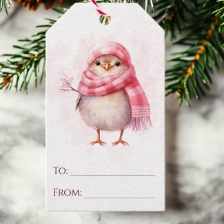 Cute Pink Watercolor Winter Bird Christmas