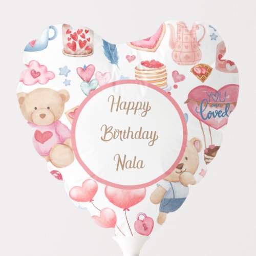 Cute pink watercolor with teddy bear and heart     balloon