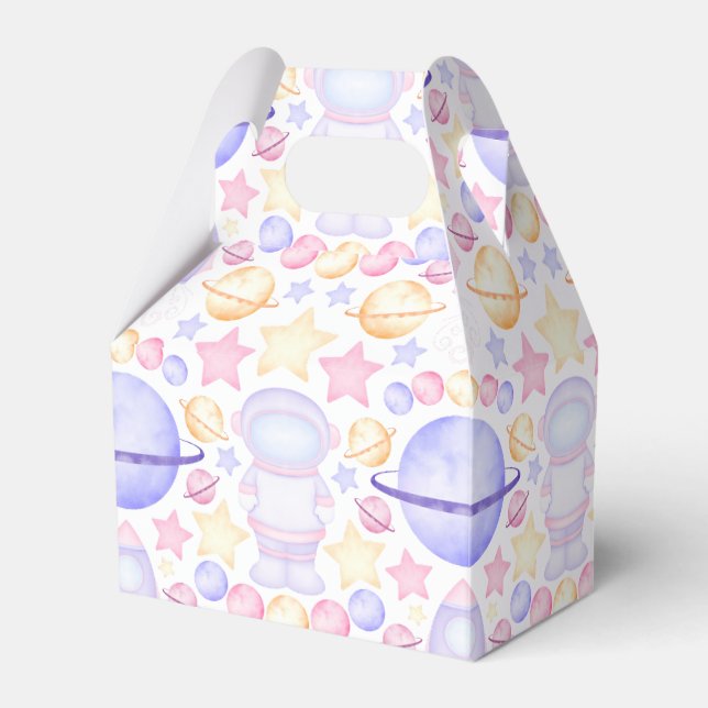 Cute Pink Watercolour Space Astronauts Birthday Favor Boxes (Front Side)