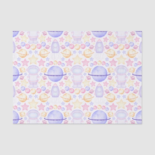 Cute Pink Watercolour Space Astronauts Birthday Tissue Paper (Front)