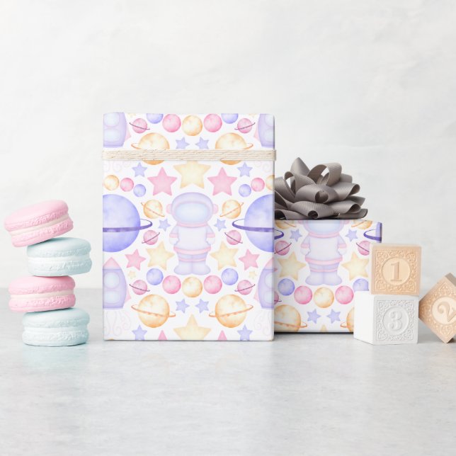 Cute Pink Watercolour Space Astronauts Birthday Wrapping Paper (Baby Shower)