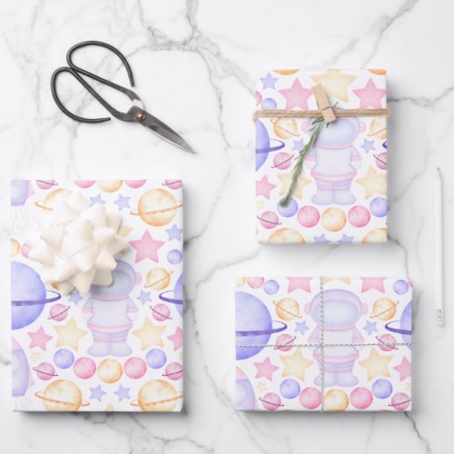 Cute Pink Watercolour Space Astronauts Birthday Wrapping Paper Sheets