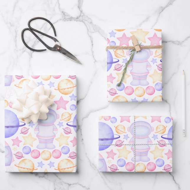 Cute Pink Watercolour Space Astronauts Birthday Wrapping Paper Sheets (Front)