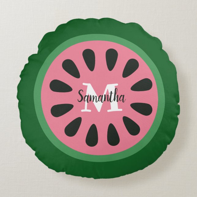 Cute Pink Watermelon Monogram Round Pillow (Front)