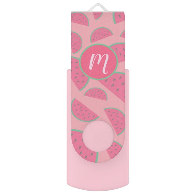 Cute Pink Watermelon Pattern Monogram Flash Drive (Front Vertical)