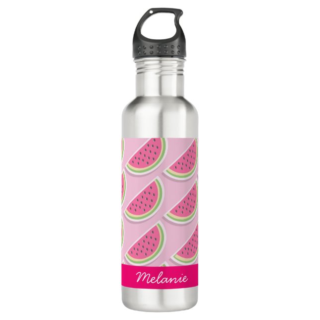 Cute Pink Watermelon Pattern Personalised Stainless Steel Water Bottle (Front)