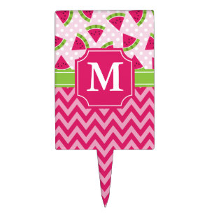 Cute Pink Watermelon Polka Dots Chevron Monogram Cake Topper
