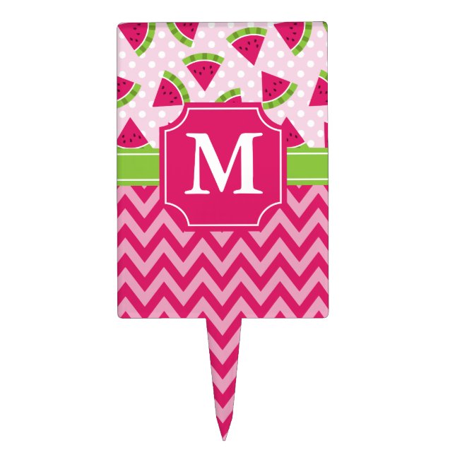Cute Pink Watermelon Polka Dots Chevron Monogram Cake Topper (Front)