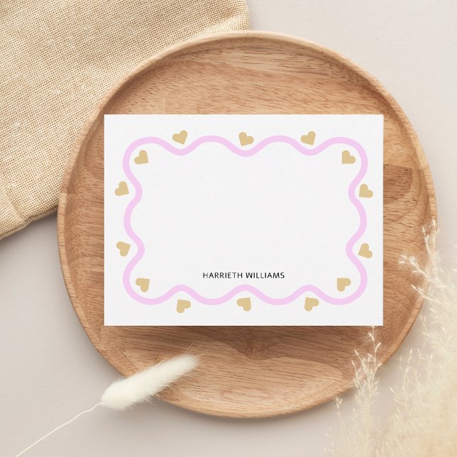 Cute Pink Wave Border and Gold Heart Note Card (Creator Uploaded)