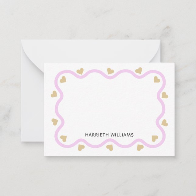 Cute Pink Wave Border and Gold Heart Note Card (Front)