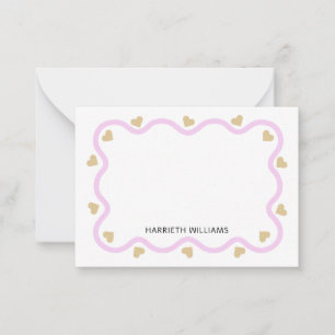 Cute Pink Wave Border and Gold Heart Note Card