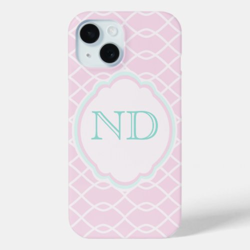 Cute Pink Wave  Trellis Pattern Monogrammed iPhone 15 Case