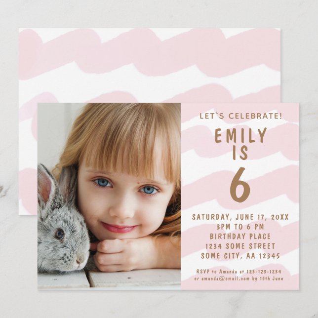 Cute Pink Wave Watercolor Girl Photo Birthday Invitation (Front/Back)