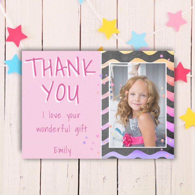Cute Pink Waves Girl Birthday Photo Thank You Card (Creator Uploaded)