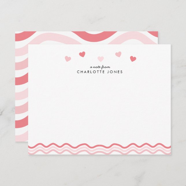 Cute Pink Wavy Pattern Hearts Kids Stationery Note Card (Front/Back)