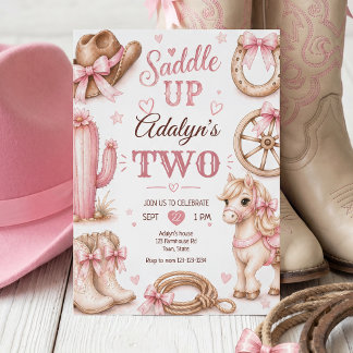 Cute Pink Western Saddle Up Horse Birthday Invitation