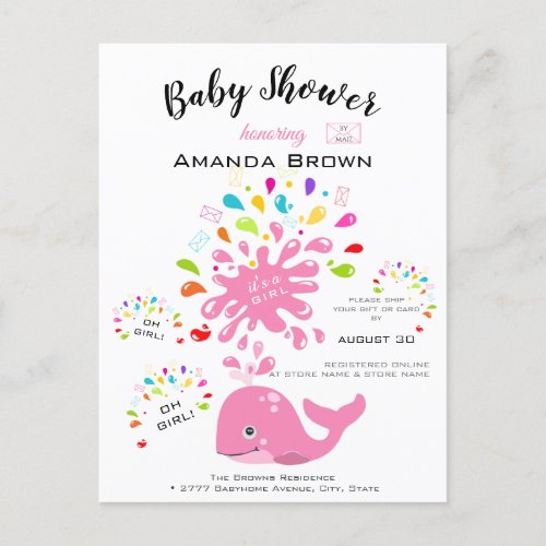 Cute Pink Whale Colorful Girl Baby Shower By Mail Invitation Postcard