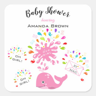 Cute Pink Whale Colorful Girl Baby Shower By Mail Square Sticker