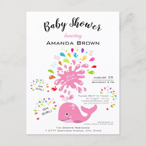 Cute Pink Whale Colorful Girl Baby Shower Invitation Postcard