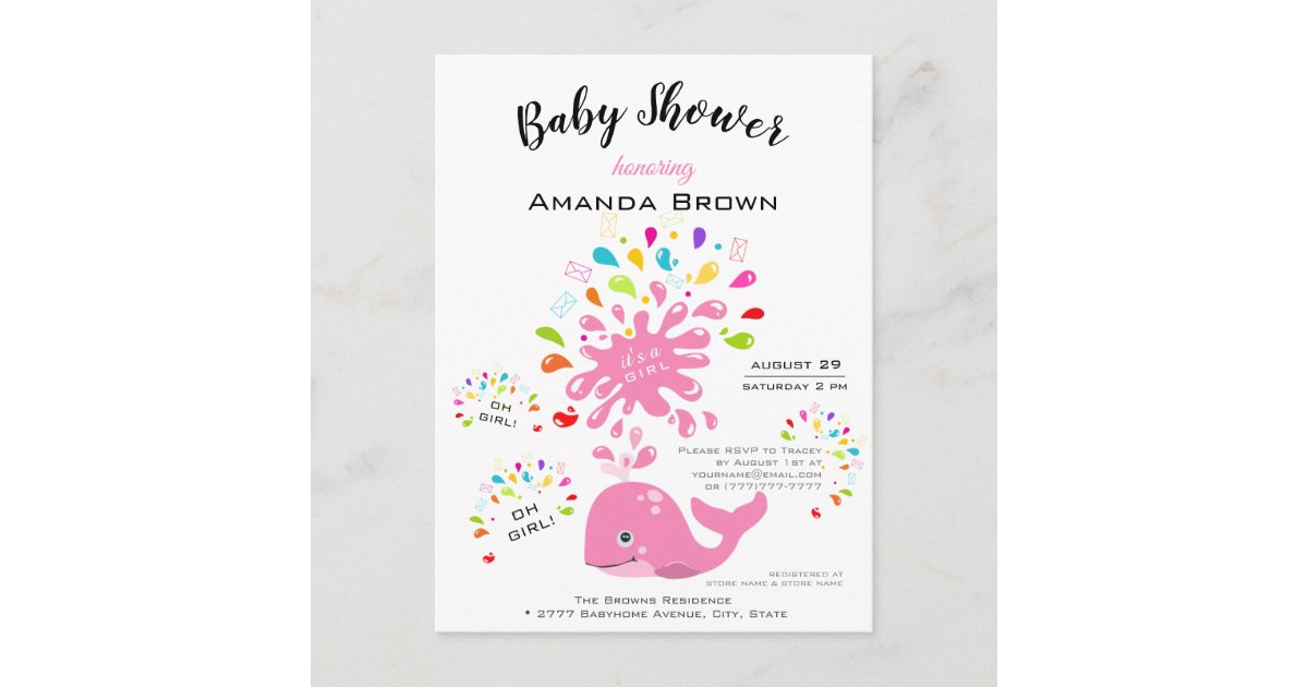 Cute Pink Whale Colorful Girl Baby Shower Invitation Postcard | Zazzle
