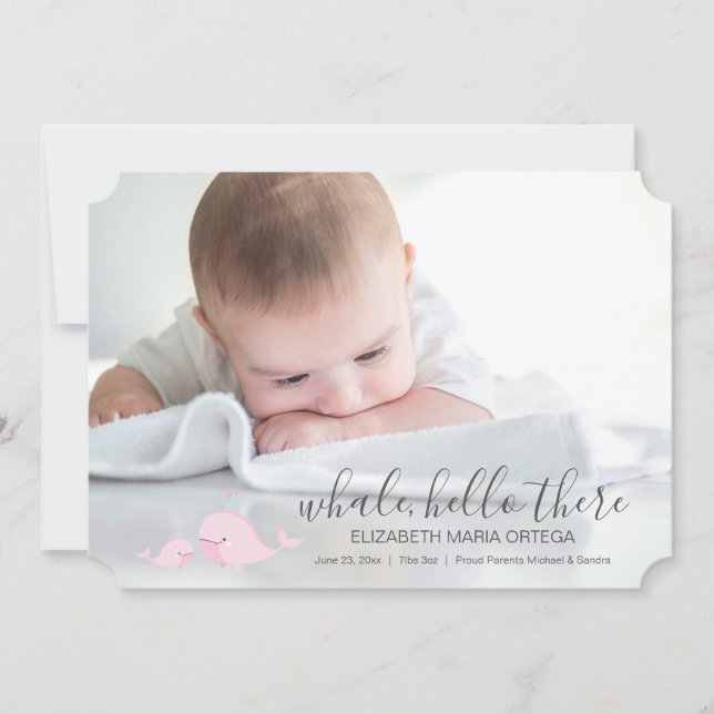 Cute Pink Whale Hello There Baby Announcement (Front)