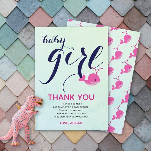 Cute pink whale ocean Baby Girl Shower Thank You Card