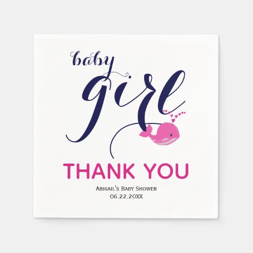 Cute pink whale ocean Thank You Baby Girl Shower Napkins