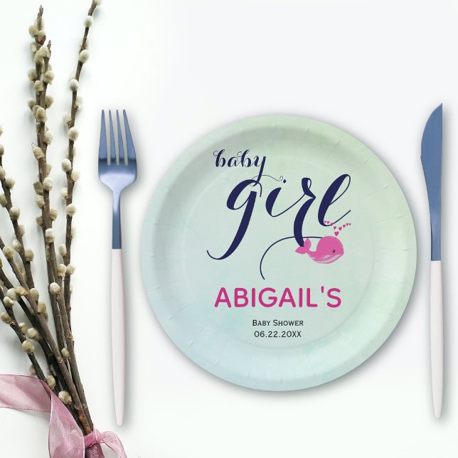 Cute  pink whale ocean themed Baby girl Shower Paper Plates (Creator Uploaded)
