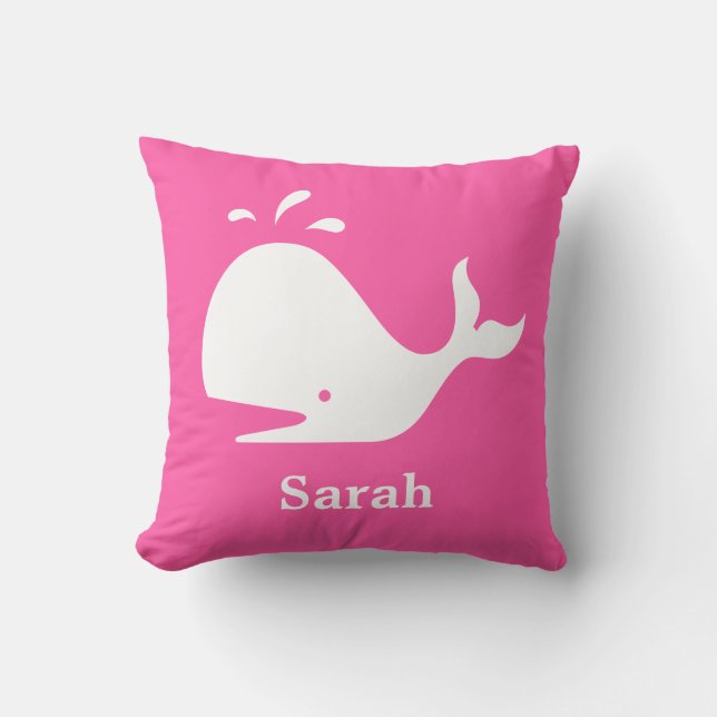 Cute Pink Whale Sea Lion White Name Throw Pillow (Front)