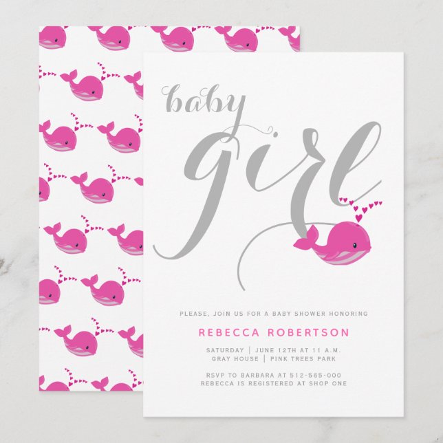 Cute pink whale typography baby girl shower invitation (Front/Back)