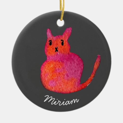 Cute pink whimsical cat watercolor illustration ceramic ornament