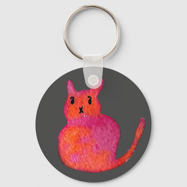 Cute pink whimsical cat watercolor illustration keychain (Front)
