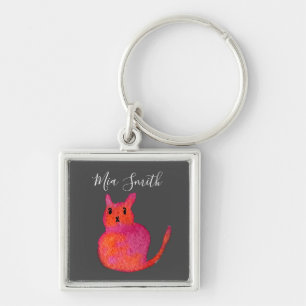 Cute pink whimsical cat watercolor illustration keychain