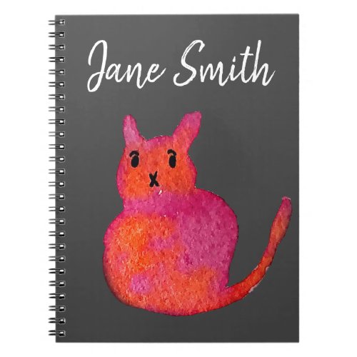Cute pink whimsical cat watercolor illustration notebook