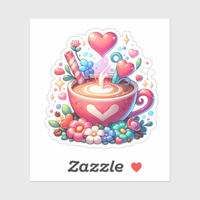Cute Pink Whimsical Coffee & Hearts Sticker (Sheet)