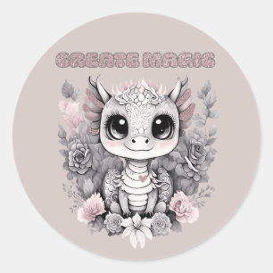 Cute Pink Whimsical "Create Magic" Little Dragon Classic Round Sticker