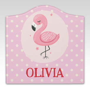Cute Pink Whimsical Flamingo with Polka Dots Door Sign