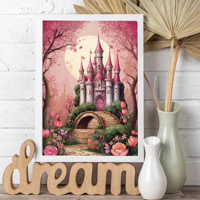 Cute Pink Whimsical Magical Fantasy Castle Poster | Zazzle