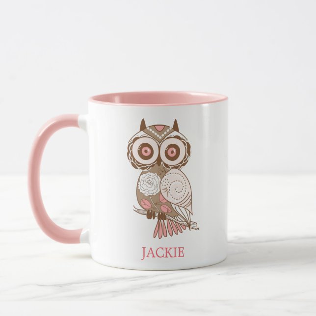 Cute Pink Whimsical Owl Personalized Mug (Left)