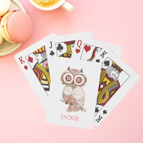 Cute Pink Whimsical Owl Personalized Playing Cards
