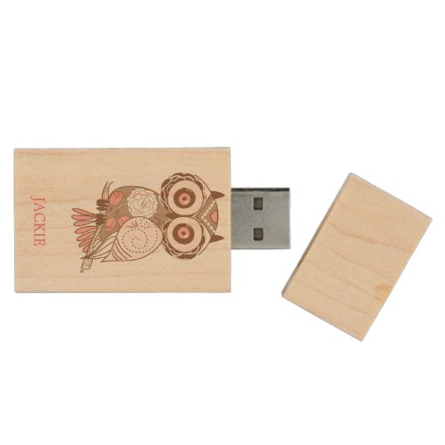 Cute Pink Whimsical Owl Personalized Wood Flash Drive