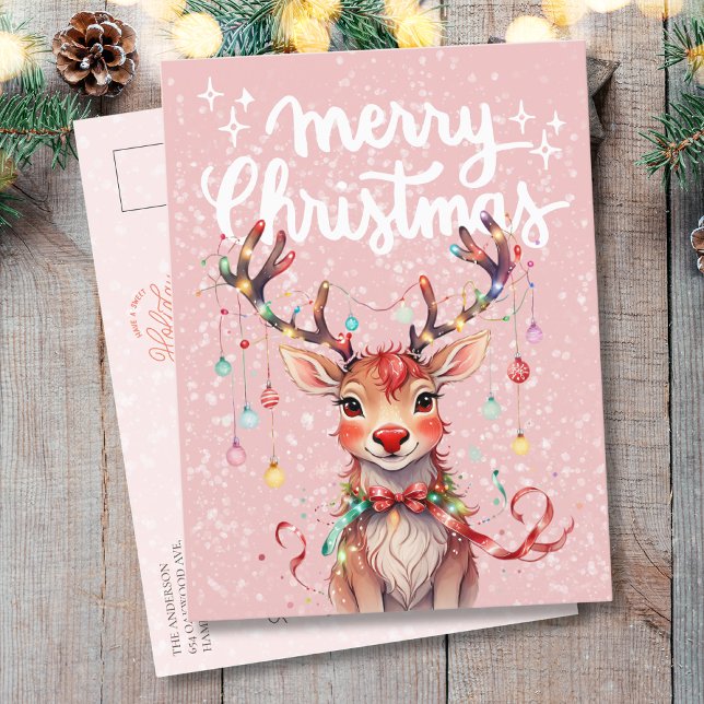 Cute Pink Whimsical Reindeer and Christmas Lights Postcard (Creator Uploaded)