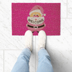 Cute pink whimsical Santa Claus, Christmas holiday Fiber Doormat