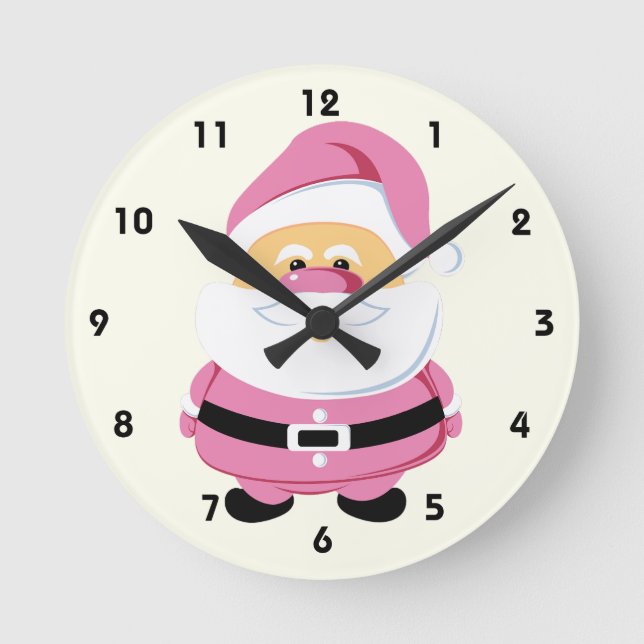Cute pink whimsical Santa Claus Christmas holiday Round Clock (Front)