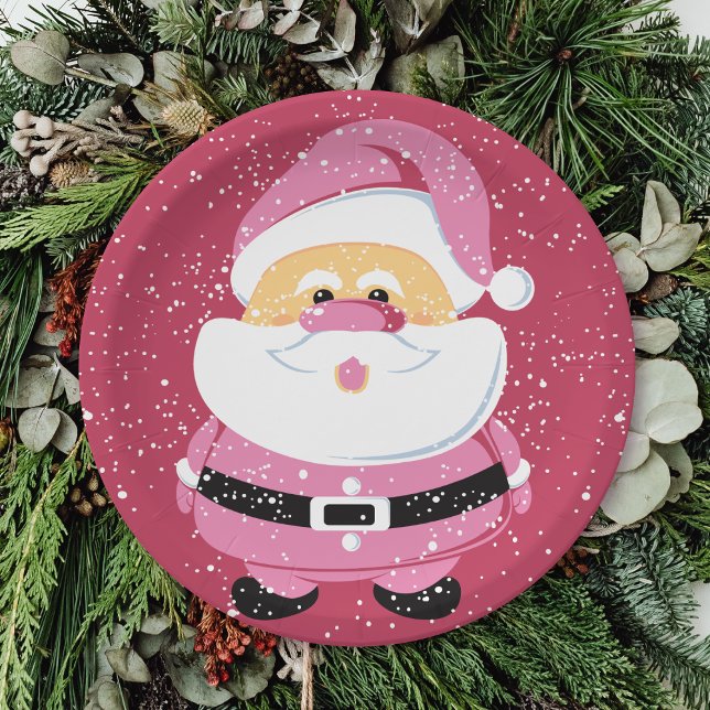 Cute pink whimsical Santa Claus Christmas Paper Plates (Creator Uploaded)
