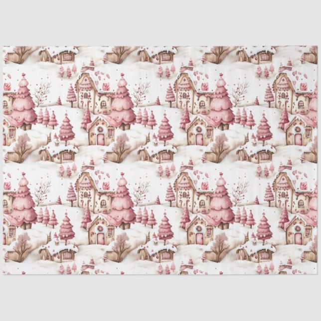 Cute Pink Whimsical Snowy Christmas Decoupage Tissue Paper (Front)