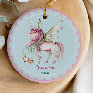 Cute Pink Whimsical Unicorn Girl Holiday Keepsake Ceramic Ornament