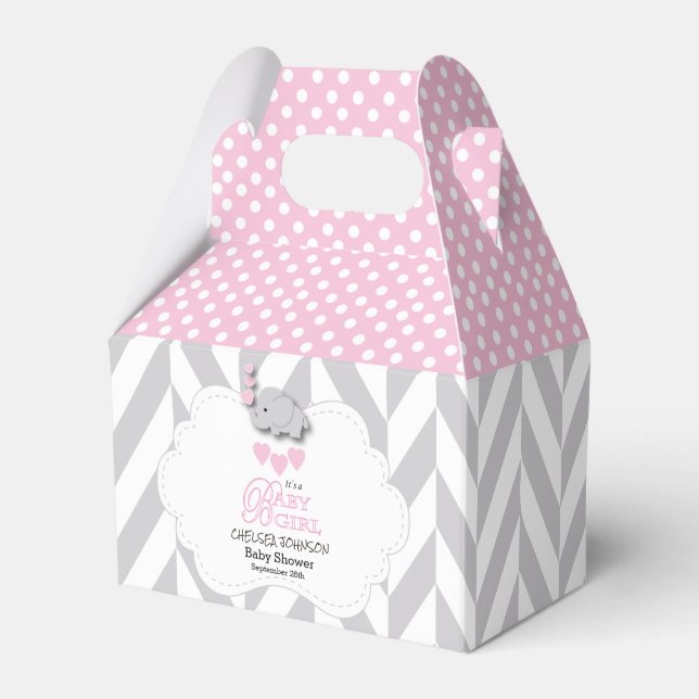 Cute Pink, White and Gray Elephant 🐘 Favor Boxes (Front Side)